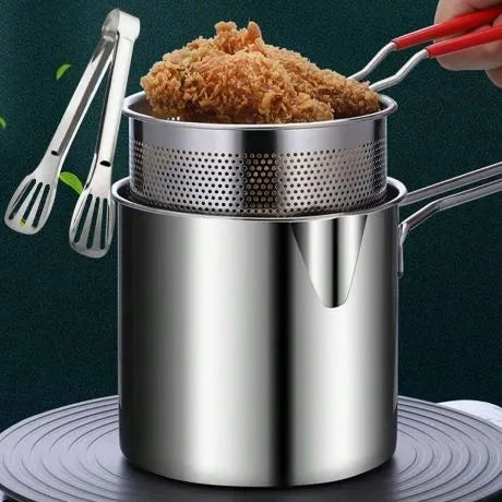 Stainless Steel Fryer Pot with Strainer – Multi-Purpose, Heat-Resistant, and Easy-Clean Cooking Essential